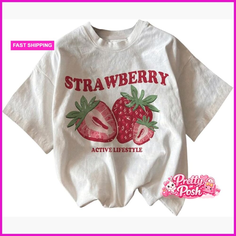 Cherry Print Drop Shoulder Tee Short Sleeve Crew Neck Loose Fit